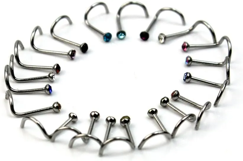 CrazyPiercing 20G Colorful Rhinestone Steel Screw Nose Rings Studs Bar Pin Piercing Jewelry