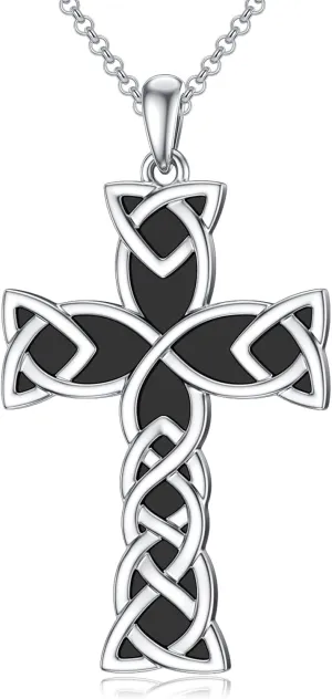 Cross Necklace for Men 925 Sterling Silver Celtic Knot Pendant Necklace Black Onyx Necklace Religious Jewelry Gift for Men Husband Boys Birthday Anniversary Fathers Day, White Gold