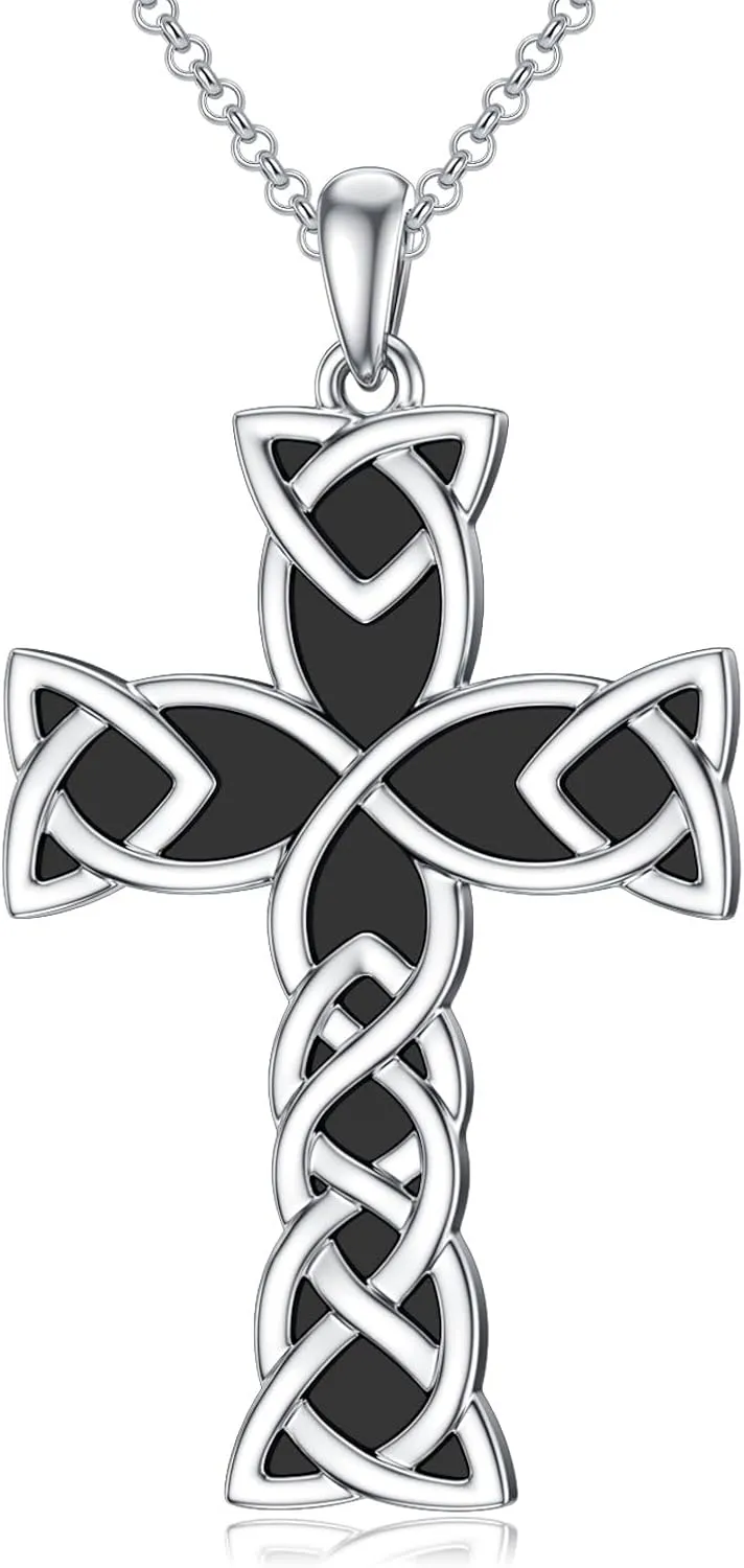 Cross Necklace for Men 925 Sterling Silver Celtic Knot Pendant Necklace Black Onyx Necklace Religious Jewelry Gift for Men Husband Boys Birthday Anniversary Fathers Day, White Gold