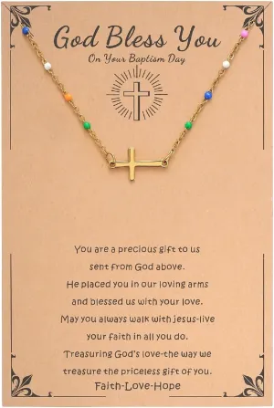Cross Necklace for Women, 14K Gold Plated Minimalist Cross Necklace Dainty Small Pendant Choker with Colorful Beads, Adjustable, Religious Gift, Christian Jewelry Gift for Easter, Birthday