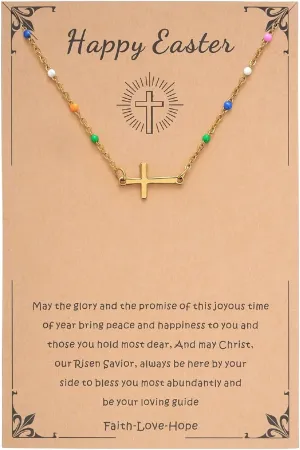Cross Necklace for Women, 14K Gold Plated Minimalist Cross Necklace Dainty Small Pendant Choker with Colorful Beads, Adjustable, Religious Gift, Christian Jewelry Gift for Easter, Birthday