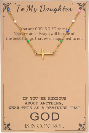 Cross Necklace for Women, 14K Gold Plated Minimalist Cross Necklace Dainty Small Pendant Choker with Colorful Beads, Adjustable, Religious Gift, Christian Jewelry Gift for Easter, Birthday