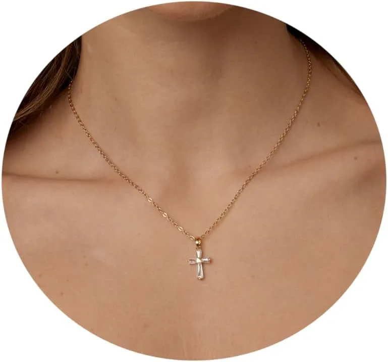 Cross Necklace for Women 18K Gold Plated CZ Diamond Cross Necklace Tiny Sideways Cross Choker Necklace Cute Cross Pendant Necklace Trendy Faith Jewelry