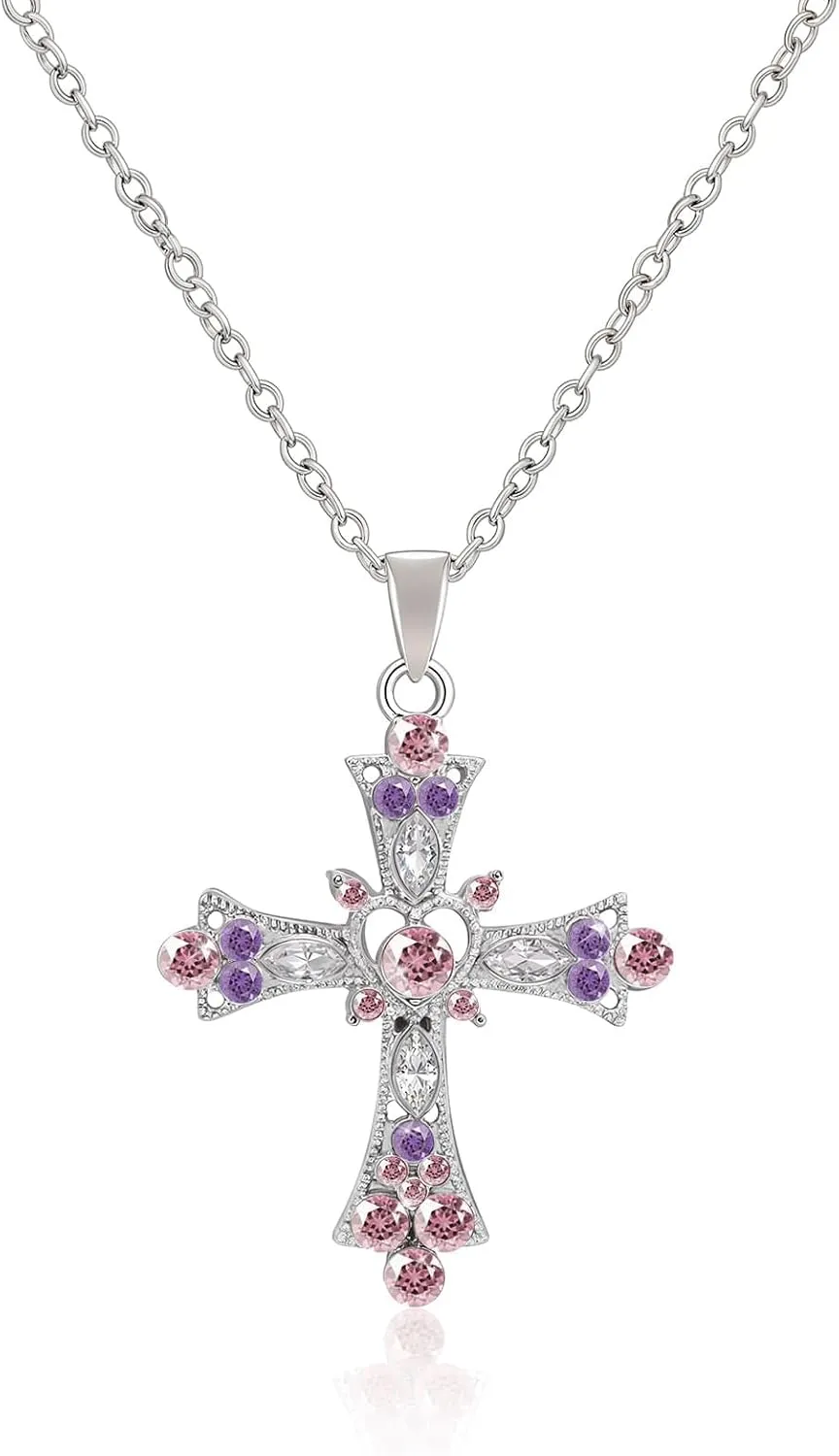 Cross Necklace for Women - Elegant Cross Pendant with Pink and Purple Crystals, Premium Womens Cross Necklace for Special Occasions