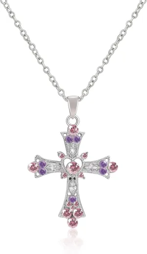 Cross Necklace for Women - Elegant Cross Pendant with Pink and Purple Crystals, Premium Womens Cross Necklace for Special Occasions