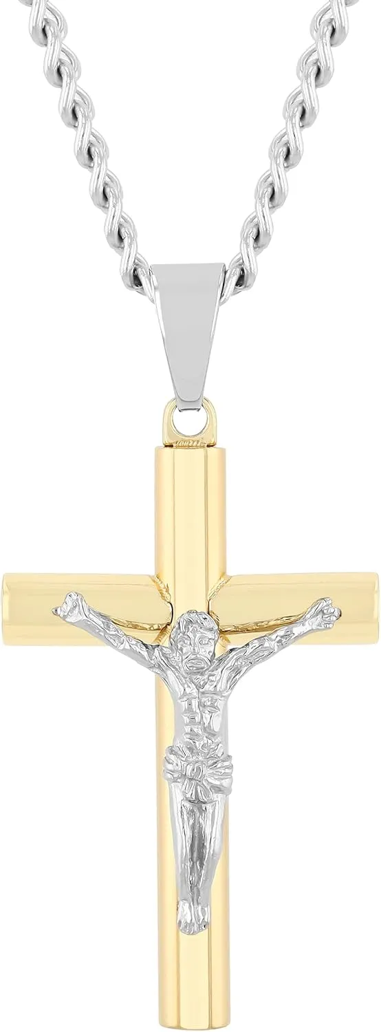 Crucifix Necklace Men - Two Tone Stainless Steel Cross Necklace Men's Jesus Christ Pendant with 24" Twisted Curb Chain Pendant - Stainless Steel Cross Necklace