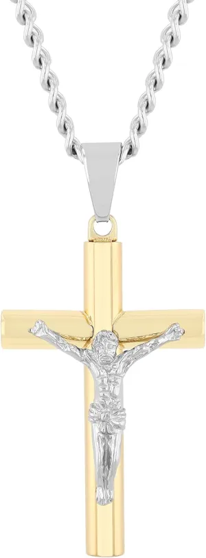 Crucifix Necklace Men - Two Tone Stainless Steel Cross Necklace Men's Jesus Christ Pendant with 24" Twisted Curb Chain Pendant - Stainless Steel Cross Necklace