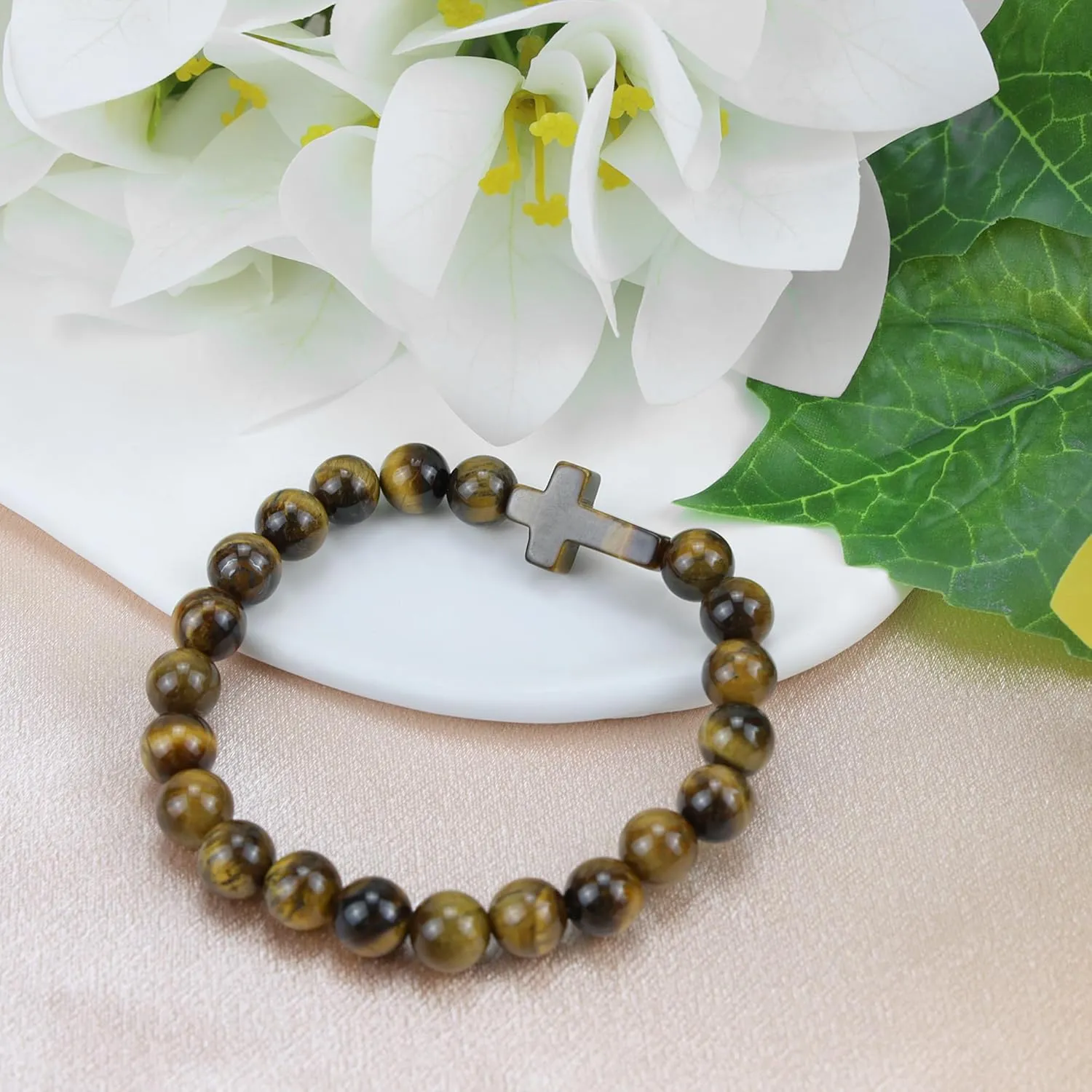 Crystal Bracelet for Men Women Adjustable Cross Stretch Beaded Bracelet Religious Christian Bracelet Healing Anxiety Bracelets