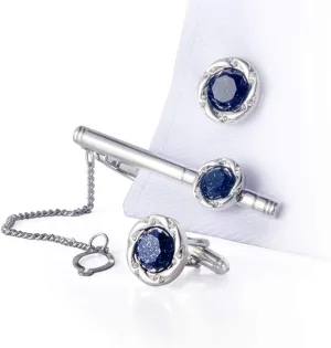Crystal Galaxy Cufflinks and Tie Clip Set with Gift Box and Greeting Card, Round Dark Blue Cufflinks and Tie Clip Gift Set for Men