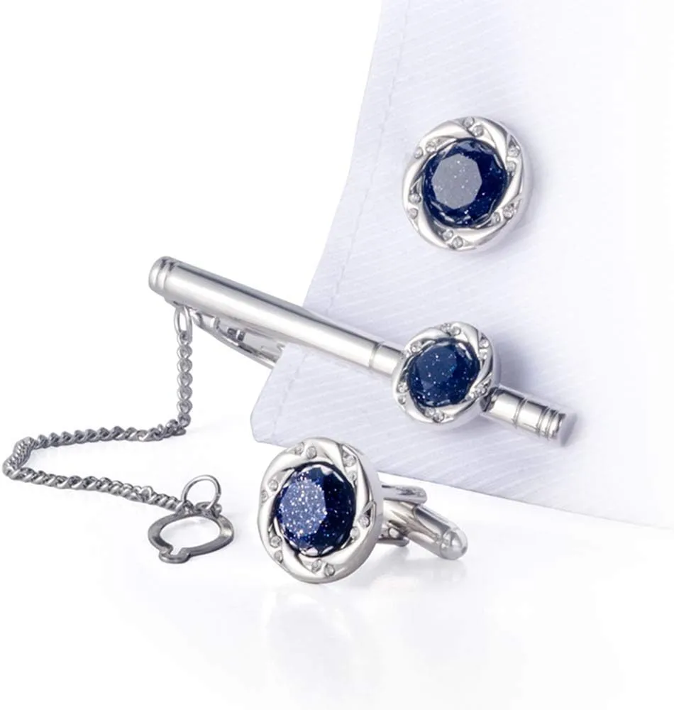 Crystal Galaxy Cufflinks and Tie Clip Set with Gift Box and Greeting Card, Round Dark Blue Cufflinks and Tie Clip Gift Set for Men