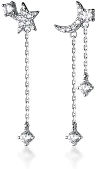 Crystal Moon Star Dangle Drop Stud Earrings S925 Sterling Silver for Women Dainty CZ Diamond Tassel Threader Chain Dangling Earring Asymmetrical Studs Fashion Jewelry Gifts
