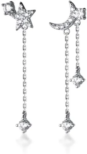 Crystal Moon Star Dangle Drop Stud Earrings S925 Sterling Silver for Women Dainty CZ Diamond Tassel Threader Chain Dangling Earring Asymmetrical Studs Fashion Jewelry Gifts