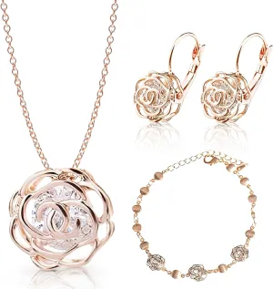 Crystalline Azuria Women 18K Gold Plated White Crystal Roses Flower Set Necklace Earrings Bracelet for Women Wedding Party Bridal Bridesmaid Accessories