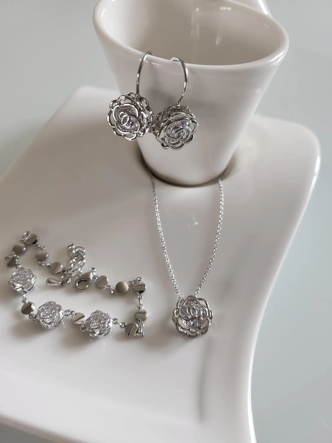 Crystalline Azuria Women 18K Gold Plated White Crystal Roses Flower Set Necklace Earrings Bracelet for Women Wedding Party Bridal Bridesmaid Accessories