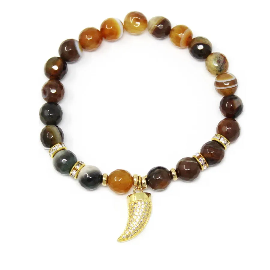 Cubic Zirconia Pave Horn Charm Natural Stone Beaded Stretch Bracelet