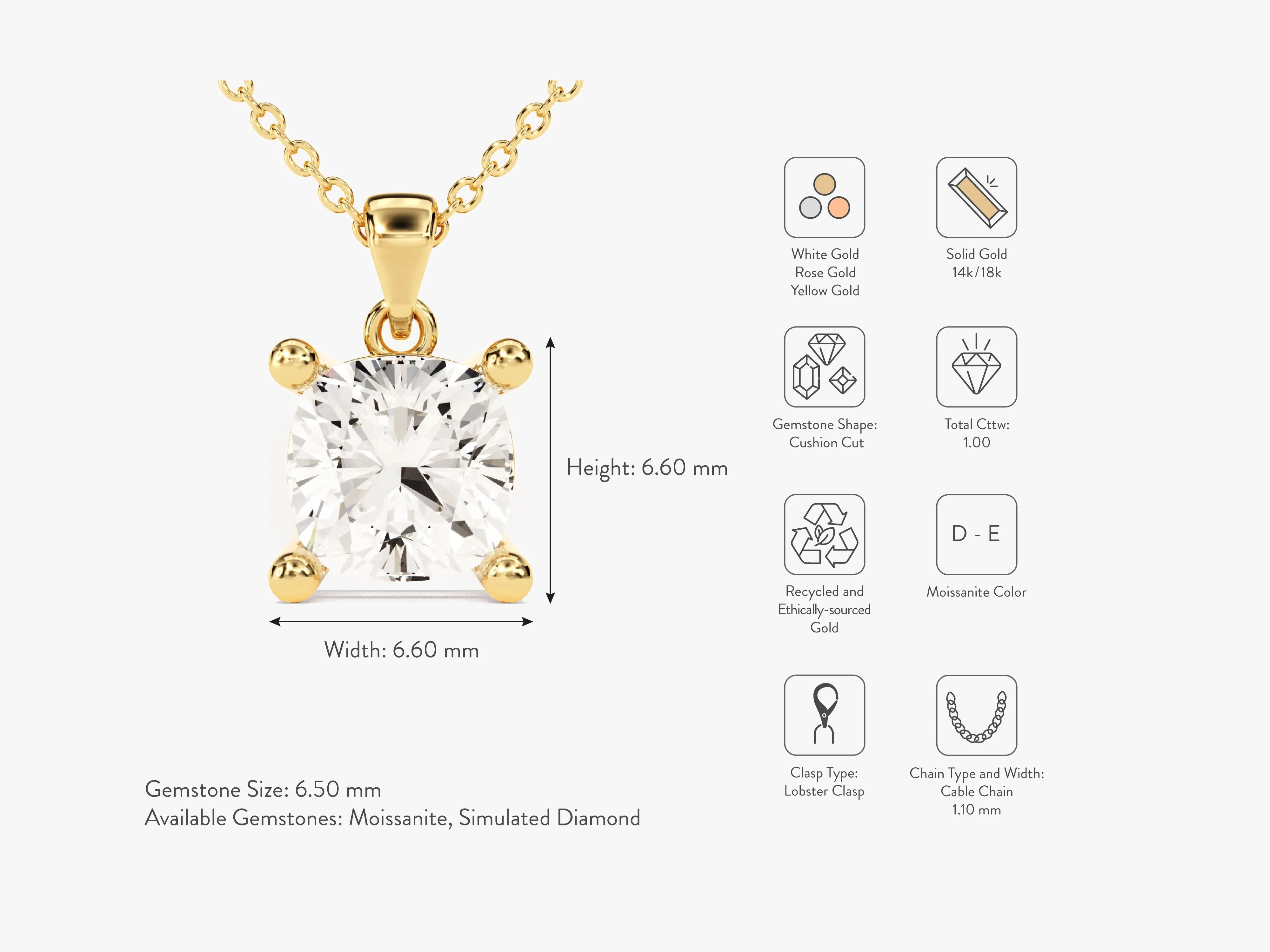 Cushion Cut Moissanite Solitaire Pendant (1.00 CT)