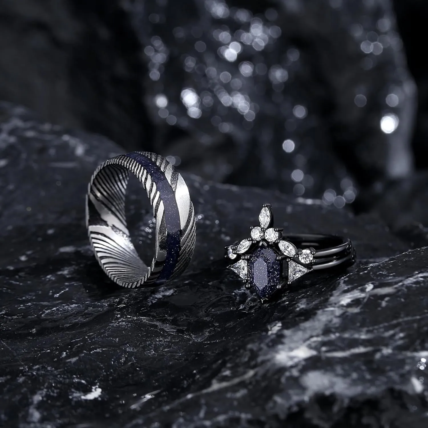 Customizable Couples Ring Set with Hexagon-Cut Blue Sandstone and Damascus Steel  Perfect for Engagements and Anniversaries