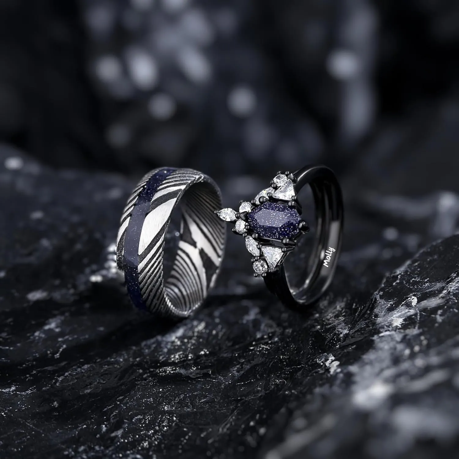 Customizable Couples Ring Set with Hexagon-Cut Blue Sandstone and Damascus Steel  Perfect for Engagements and Anniversaries