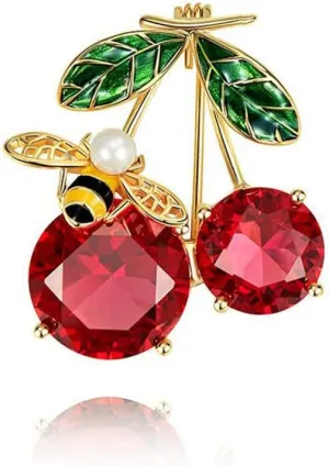 Cute Bee Cherry Rhinestone Brooch Pin for Women Girls Fashion Gold Plated Shell Pearl Red CZ Enameled Animal Fruit Brooches Lapel Pins Dainty Dress Accessories Jewelry for Hat Bag Suit Tie