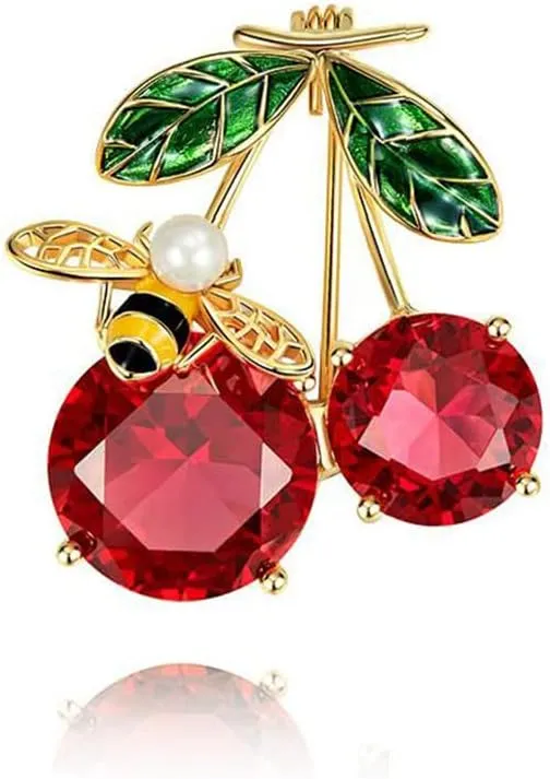 Cute Bee Cherry Rhinestone Brooch Pin for Women Girls Fashion Gold Plated Shell Pearl Red CZ Enameled Animal Fruit Brooches Lapel Pins Dainty Dress Accessories Jewelry for Hat Bag Suit Tie