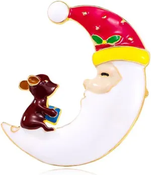 Cute Santa Moon Brooch Pin for Women Girls Gold Plated Fashion Red White Enamel Crescent Celestial Animal Fawn Brooches Lapel Pins Dainty Dress Accessories Holiday Christmas Jewelry Gift Souvenir