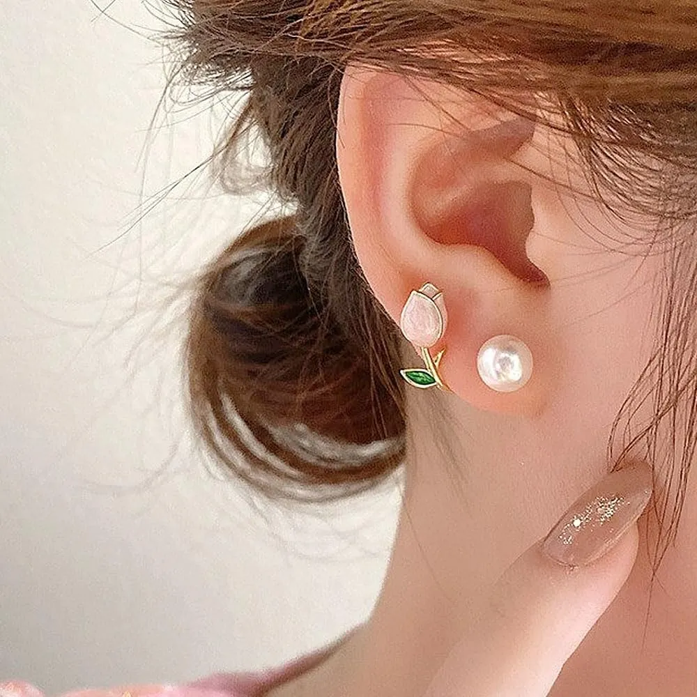 Cute Tulip Flower Pearl Stud Earrings for Women Boho Front Back Floral Bead Earrings Fashion Statement Jacket Earrings Jewelry Gift