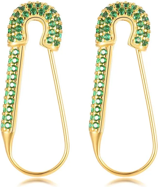 CZ Safety Pin Cartilage Huggie Hoop Earrings for Women Girls Dainty Cubic Zirconia Dangle Drop Hypoallergenic Stud Post Pave Crystal Fashion Hoops Jewelry Gold Plated
