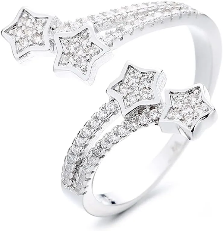 CZ Stars Rings Cute Dainty Statement for Women Sterling Silver Plated Layered Cubic Zirconia Adjustable Open Stacking Extendable Knuckle Middle Finger Ring Fashion Gifts for Best Friends Birthday Christmas