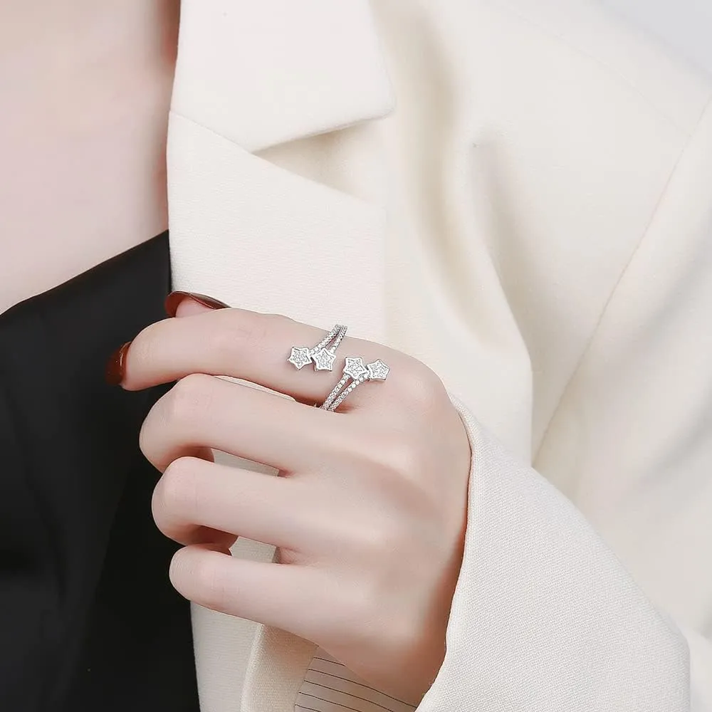 CZ Stars Rings Cute Dainty Statement for Women Sterling Silver Plated Layered Cubic Zirconia Adjustable Open Stacking Extendable Knuckle Middle Finger Ring Fashion Gifts for Best Friends Birthday Christmas