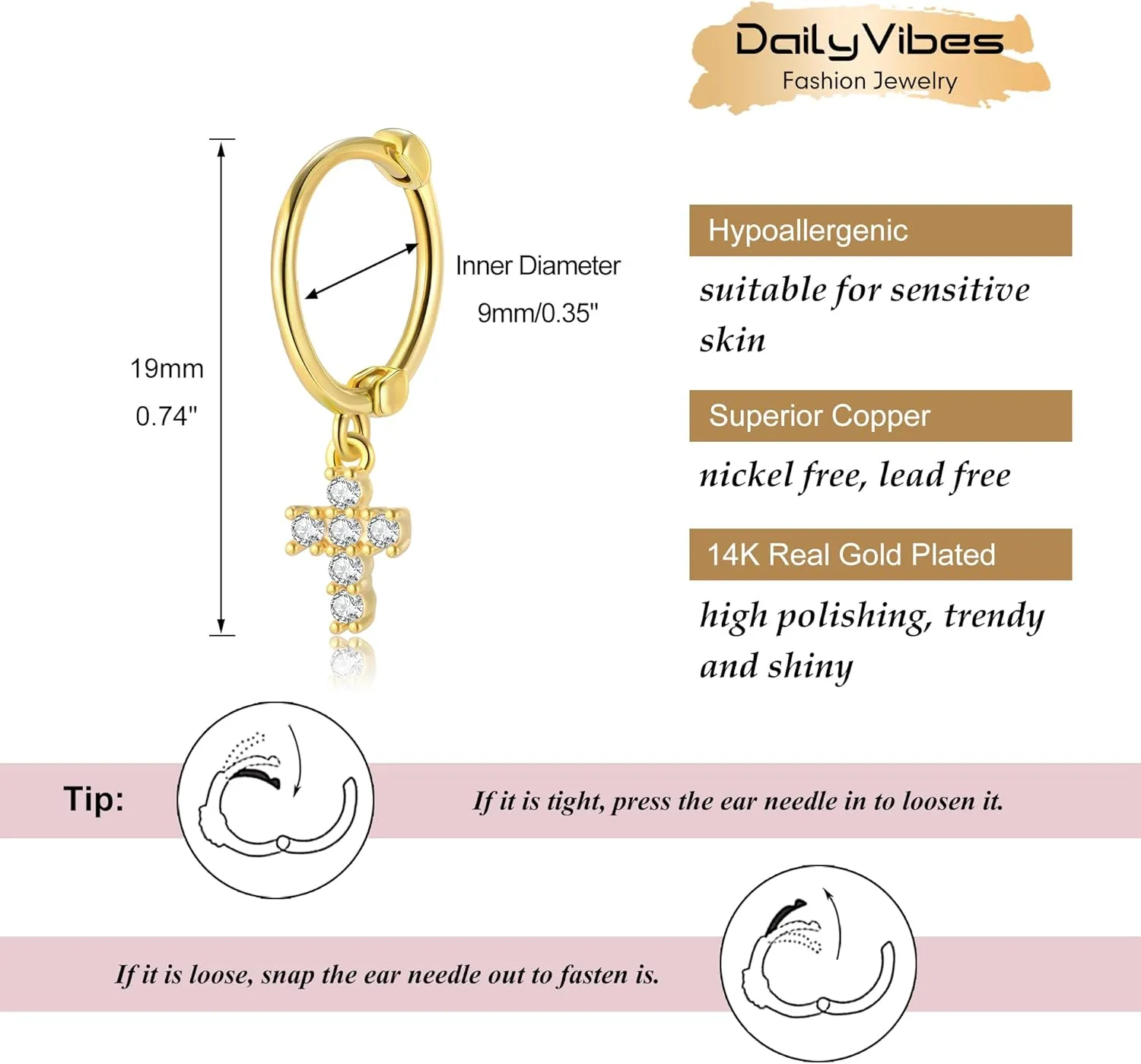 DAILY VIBES Small Gold Huggie Earrings for Women 14K Gold Plated Hypoallergenic Dainty Mini Cubic Zirconia Star Cross Cartilage Hoop Earrings