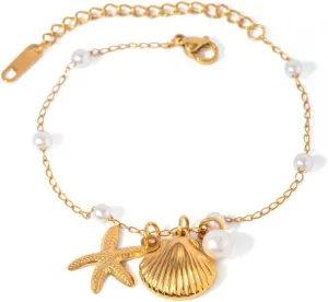 Dainty Shell Starfish Bracelet Anklet Charm Pearl Beads Seashell Gold Plated Stainless Steel Boho Anklet Foot Jewelry for Women Fashion boho Summer Beach Accessories Eternity Gift Valentine's Day