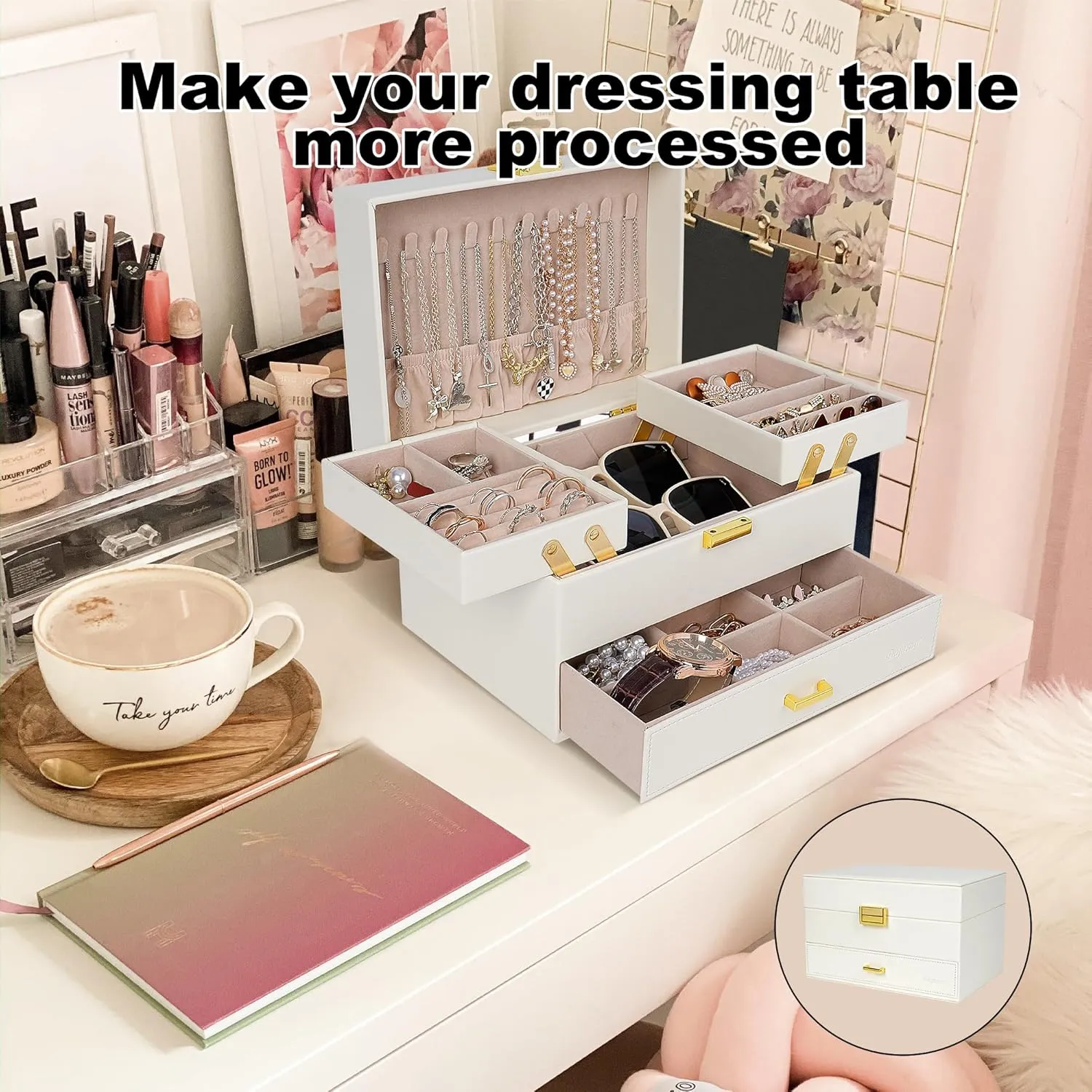 Dajasan Jewelry Box for Women, 3 Layers Large Jewelry Organizer Box, Jewelry Storage Case for Earring, Ring, Necklace, Bracelets (Cloud White   Gold)
