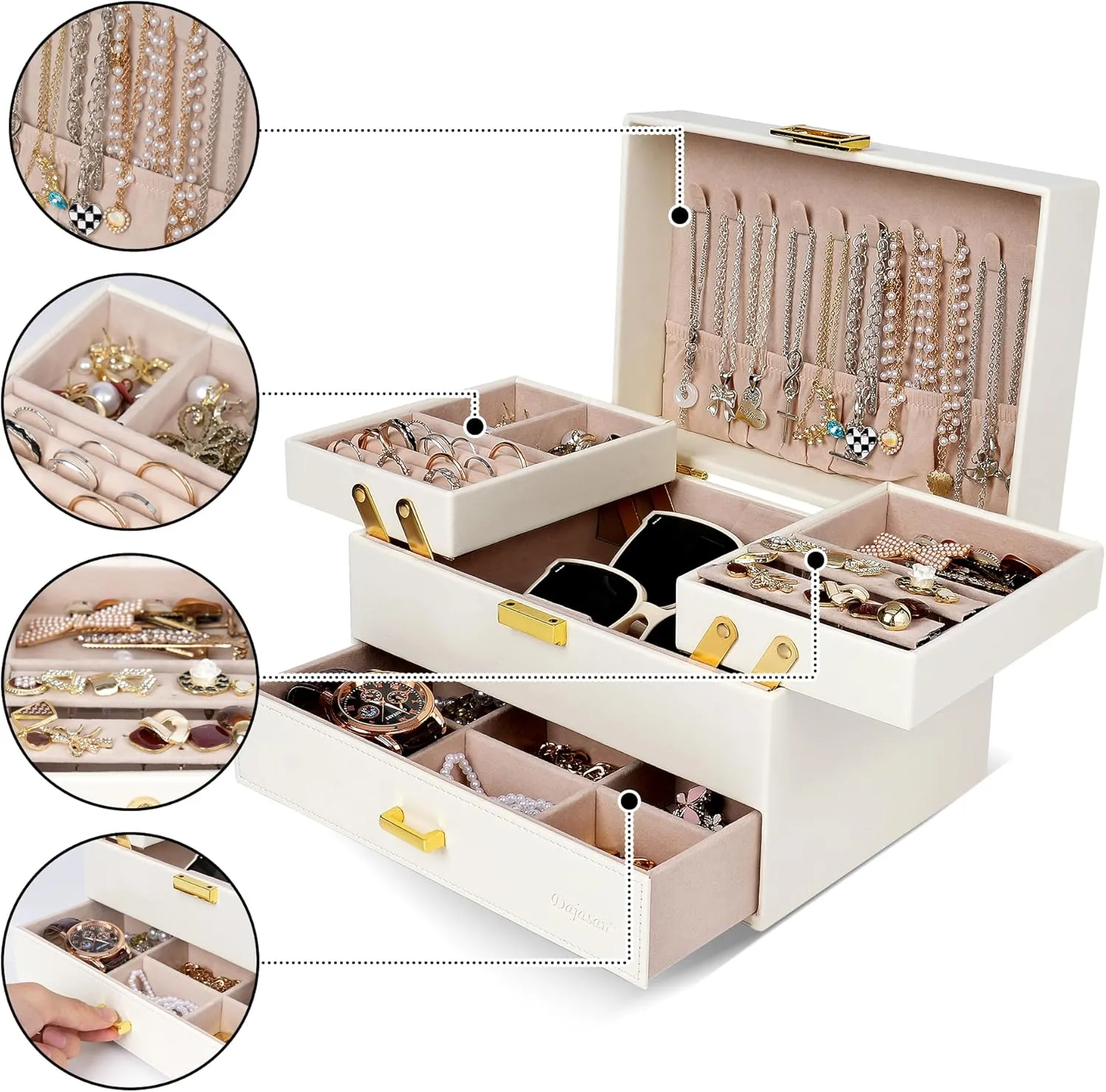 Dajasan Jewelry Box for Women, 3 Layers Large Jewelry Organizer Box, Jewelry Storage Case for Earring, Ring, Necklace, Bracelets (Cloud White   Gold)
