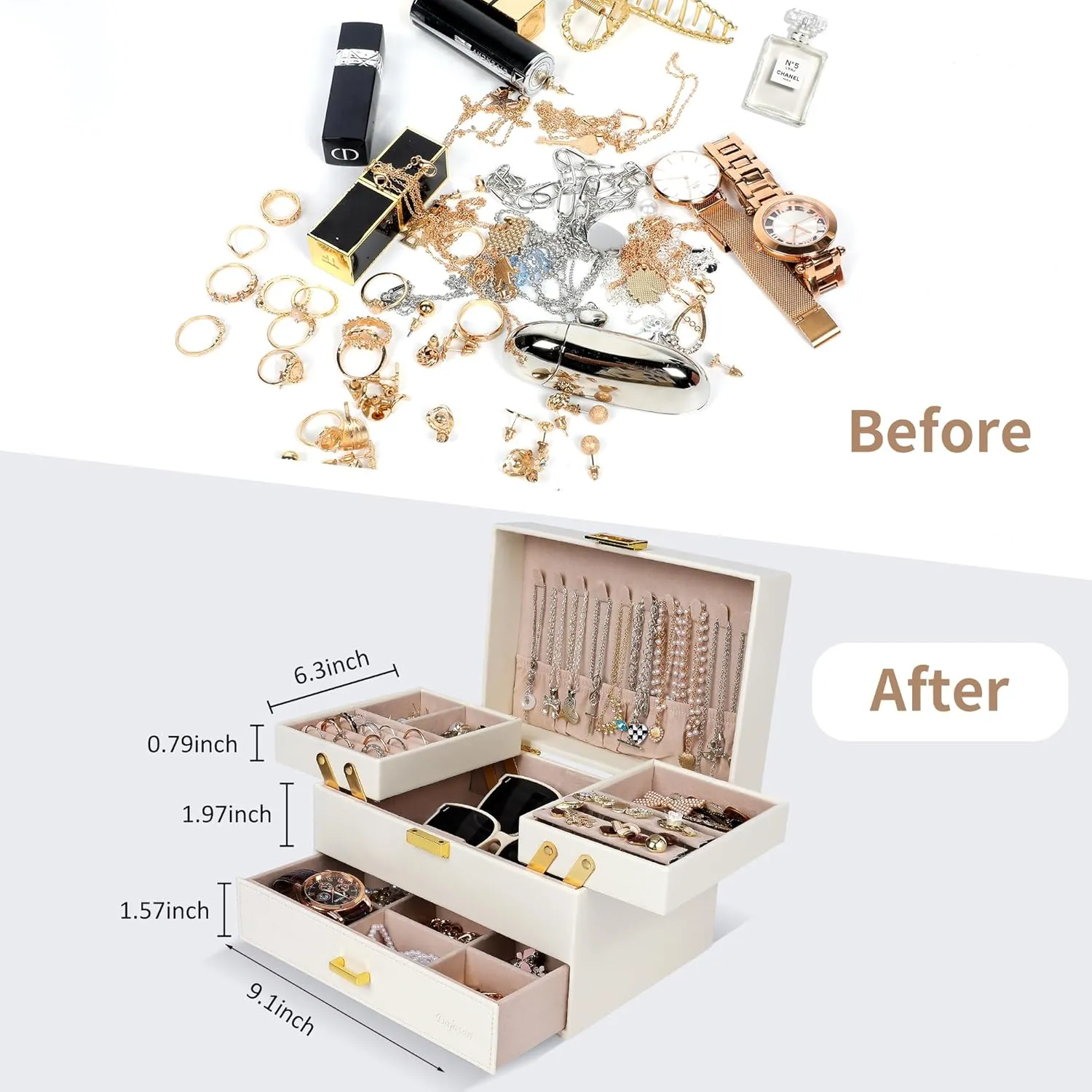 Dajasan Jewelry Box for Women, 3 Layers Large Jewelry Organizer Box, Jewelry Storage Case for Earring, Ring, Necklace, Bracelets (Cloud White   Gold)