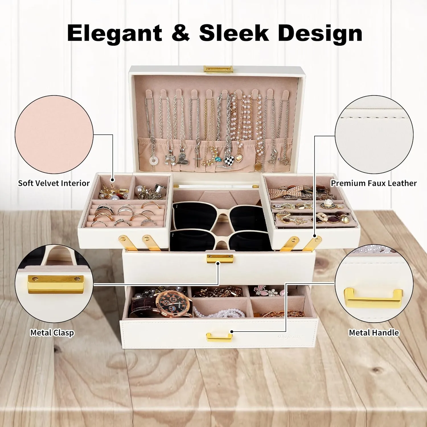 Dajasan Jewelry Box for Women, 3 Layers Large Jewelry Organizer Box, Jewelry Storage Case for Earring, Ring, Necklace, Bracelets (Cloud White   Gold)