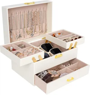 Dajasan Jewelry Box for Women, 3 Layers Large Jewelry Organizer Box, Jewelry Storage Case for Earring, Ring, Necklace, Bracelets (Cloud White   Gold)