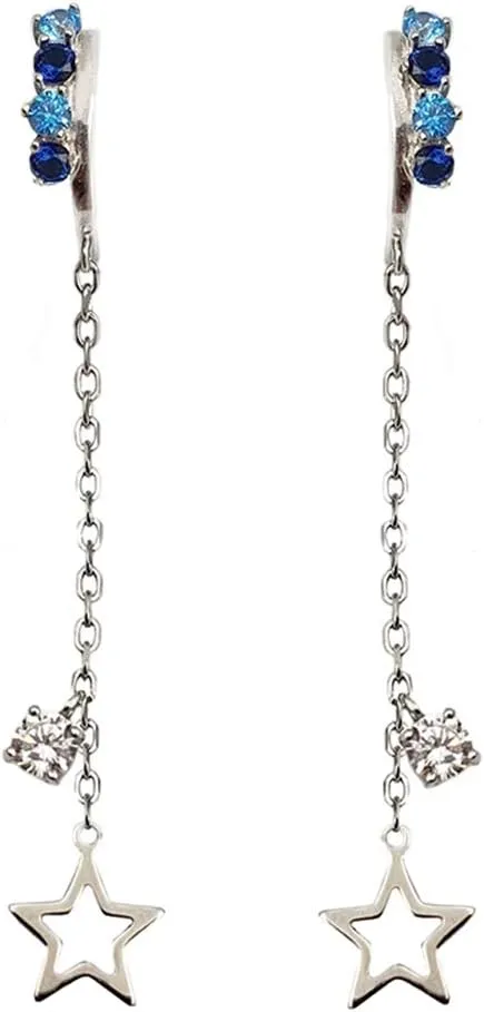 Dangling Star Ear Cuffs Clip On Earrings Sterling Silver for Women Dianty Blue CZ Diamond Crystal Non Piercing Cartilage Wrap Cuff Stud Earring Long Tassel Chain Hypoallergenic Jewelry