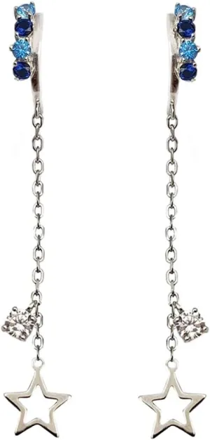Dangling Star Ear Cuffs Clip On Earrings Sterling Silver for Women Dianty Blue CZ Diamond Crystal Non Piercing Cartilage Wrap Cuff Stud Earring Long Tassel Chain Hypoallergenic Jewelry