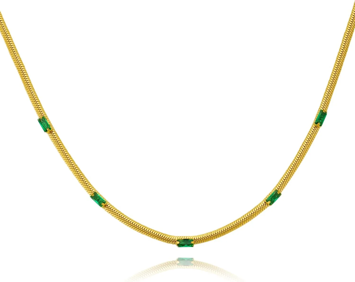 DASIQI Women Gold Titanium Steel Necklace, 16 inches, Adjustable, Herringbone Thin Chain with 5 Green Cubic Zirconia