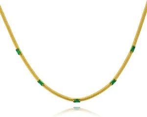DASIQI Women Gold Titanium Steel Necklace, 16 inches, Adjustable, Herringbone Thin Chain with 5 Green Cubic Zirconia