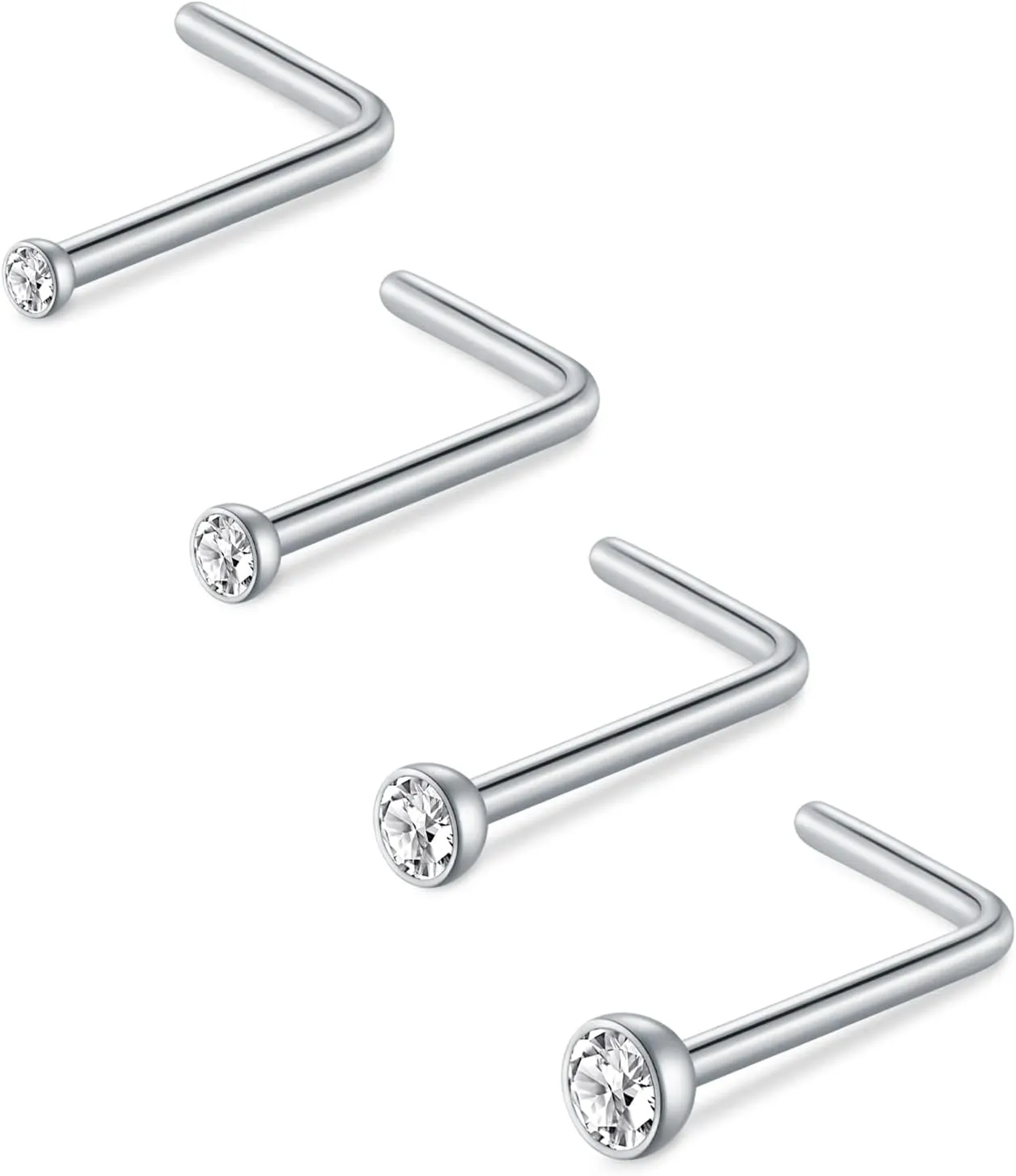 D.Bella 18G 20G 22G L Shaped Nose Studs Surgical Stainless Steel 1.5mm 2mm 2.5mm 3mm CZ Nose Rings For Women