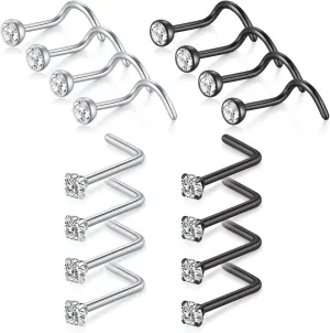 D.Bella 20G Stainless Steel Nose Rings - 20 Gauge Hoops & Studs - Flower, Heart, Diamond & L-Shaped Nostril Nose Piercing Jewelry for Women & Men