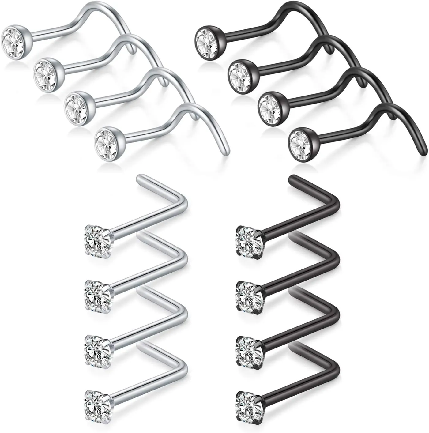 D.Bella 20G Stainless Steel Nose Rings - 20 Gauge Hoops & Studs - Flower, Heart, Diamond & L-Shaped Nostril Nose Piercing Jewelry for Women & Men