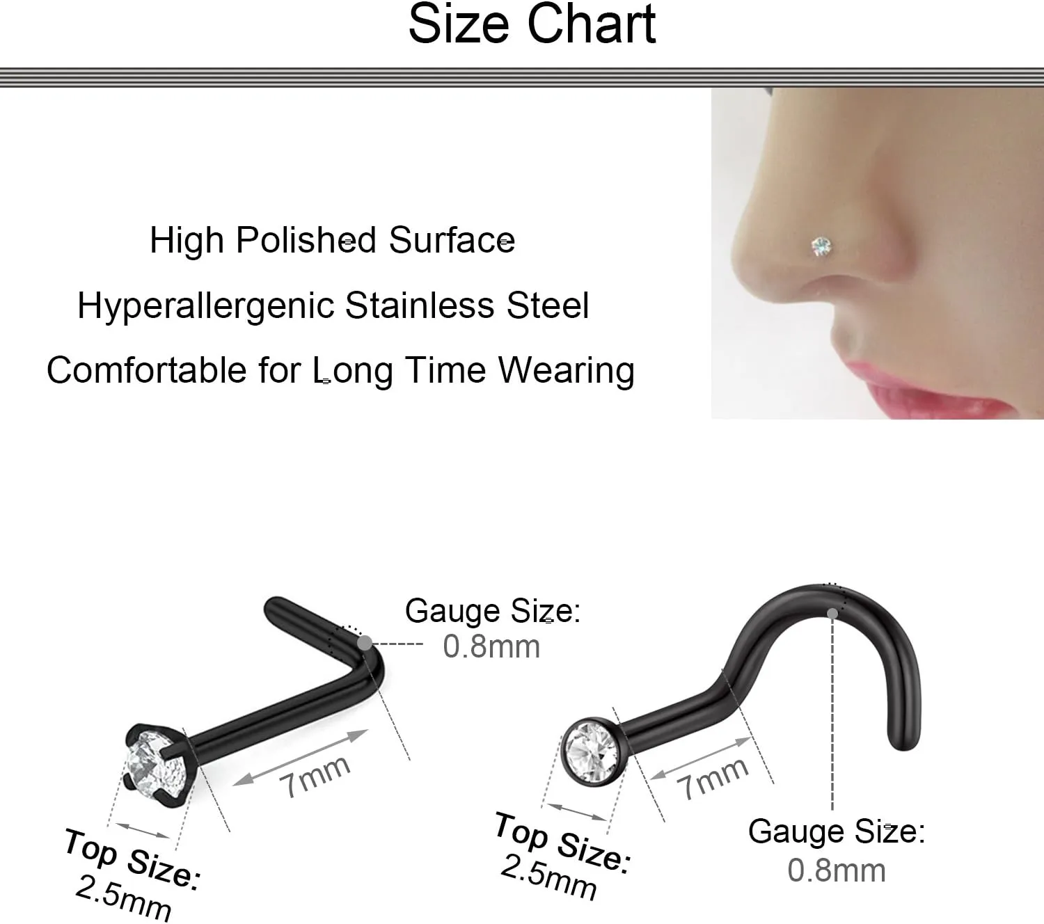 D.Bella 20G Stainless Steel Nose Rings - 20 Gauge Hoops & Studs - Flower, Heart, Diamond & L-Shaped Nostril Nose Piercing Jewelry for Women & Men