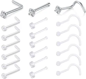 D.Bella Clear Nose Rings: 18G Retainer & 20G Hoop, Flexible Acrylic Piercing Kit for Work & Surgery