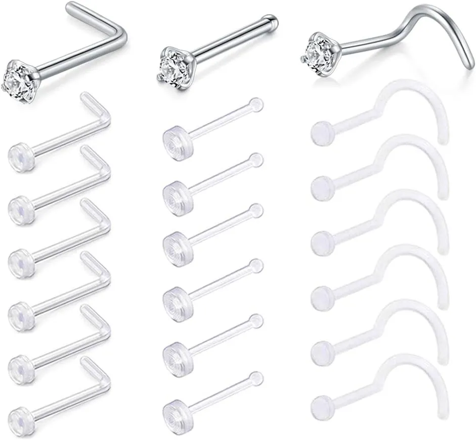 D.Bella Clear Nose Rings: 18G Retainer & 20G Hoop, Flexible Acrylic Piercing Kit for Work & Surgery