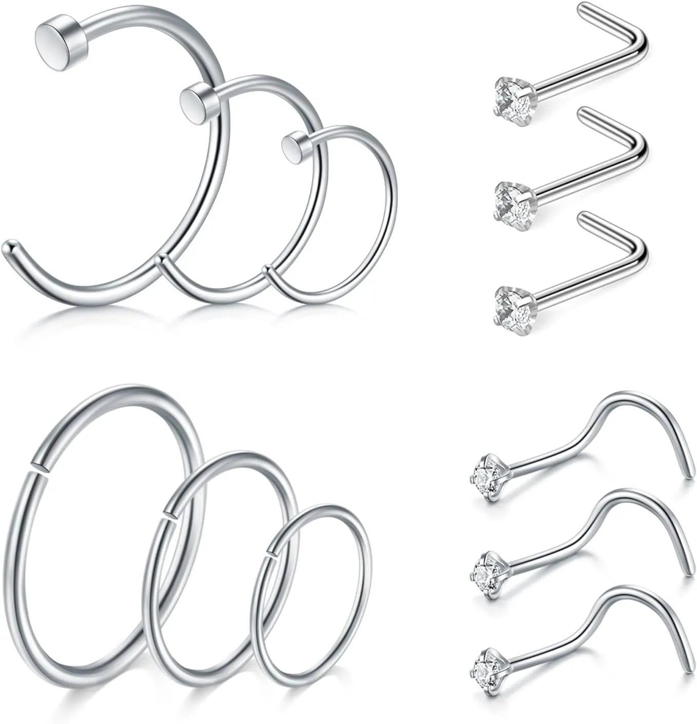D.Bella Nose Rings 10Pcs 18G Nose Screw Rings Studs Surgical Steel Piercing Jewelry 2mm Clear CZ Silver