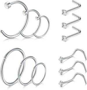 D.Bella Nose Rings 10Pcs 18G Nose Screw Rings Studs Surgical Steel Piercing Jewelry 2mm Clear CZ Silver