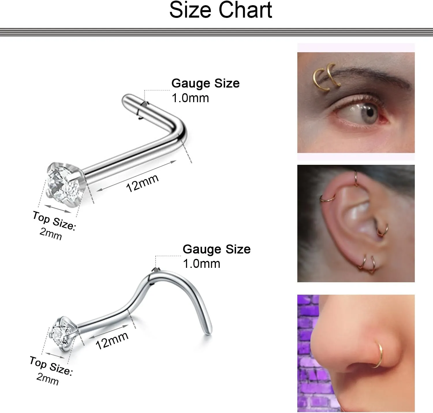 D.Bella Nose Rings 10Pcs 18G Nose Screw Rings Studs Surgical Steel Piercing Jewelry 2mm Clear CZ Silver