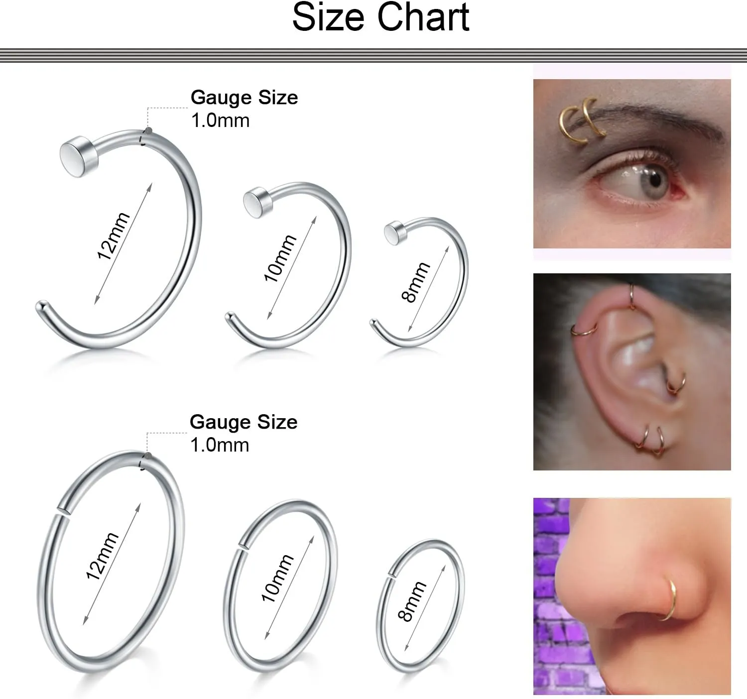 D.Bella Nose Rings 10Pcs 18G Nose Screw Rings Studs Surgical Steel Piercing Jewelry 2mm Clear CZ Silver